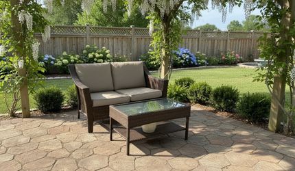 Delivery Available! Resin All Weather Wicker Loveseat with Coffee Table! Great Condition! Loveseat 57x38x35in Seat Height 18in Coffee 34x20x18in