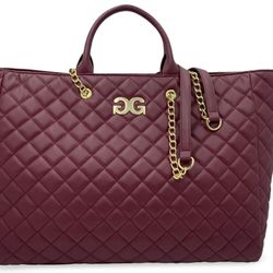 Gilda Paris Large Quilted Tote Bag "G" Logo Quilted Tote with Strap Wine