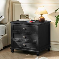 Farmhouse Nightstand with Charging Station, 24" Wide End Table with 3 Drawers,Wood Dresser Cabinet for Bedroom, Bed Side Table Chest of Drawers,Night 