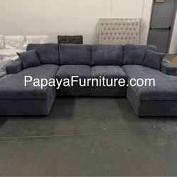 New! Grey 120”L Double Chaise Sectional Sofa, Corduroy Sectional, U-Shaped Sectional, Grey Sectional With Chaise, Soft Plush Sectional,Sofa,Sectional 