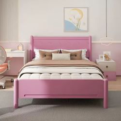 Queen Size Pink Bed Frame - Wood Platform, Cute Modern Design,No Box Spring