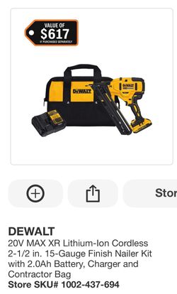 DEWALT 20V MAX XR Lithium-lon Cordless 2-1/2 in. 15-Gauge Finish Nailer Kit with 2.0Ah Battery, Charger and Contractor Bag