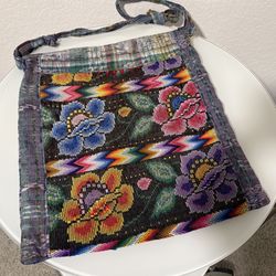 Hand Embroidered Fabric Bag with Shoulder Strap and Zipper
