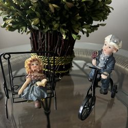 Vintage Doll House Girl and Boy Figurines on swing & Bike Pair