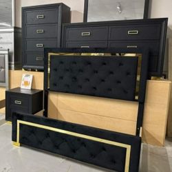 Brand New/Pepe Black/Gold Panel Bedroom Set//Bed,dresser, Mirror, Night Stand, Chest// Mattress Sold Separately 