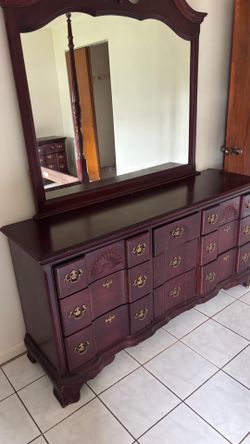 Antique Dark Brown Wood Dresser with Mirror