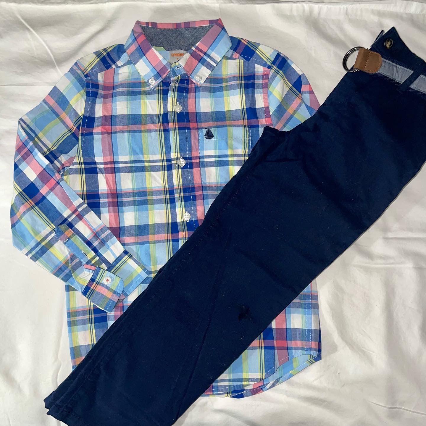 Gymboree Boys Easter Outfit Plaid Shirt Pants Belt Pink Blue Yellow Size 6