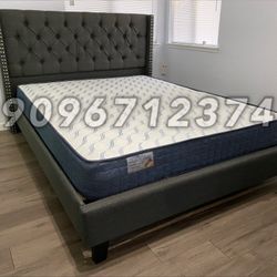 Queen Gray Wingback Button Tufted Bed w. orthopedic Mattress included