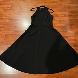HALSTON Black Racerback With Back Cutouts Midi Cocktail A-Line Dress