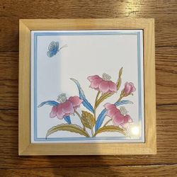 Ceramic Tile Trivet Hot Pot Holder Floral Butterfly Japan Flowers Vintage Retro