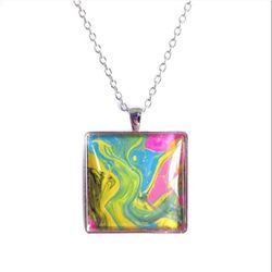 Multicolored acrylic paint pour square pendant on 20" inch silver necklace