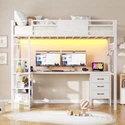 Loft Bed Twin Size with L-Shaped Desk, 3 Storage Drawers, 2-Tier Storage Shelves, Power OUtlets, LED Metal Twin Size Bed Frame, Safety Guardrail & Lad