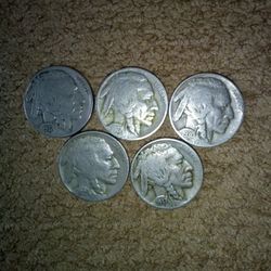 Five Buffalo Nickels 1927, 1929, 1930, 1937, 1937