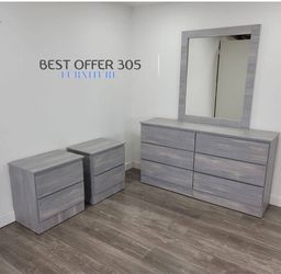 Dresser-Mirror and 2 Bedside-Table-Cómoda Con Espejo Y 2-Mesitas de noche