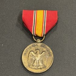VINTAGE US Army NATIONAL DEFENSE MEDAL Brass Tone Red Yellow Ribbon