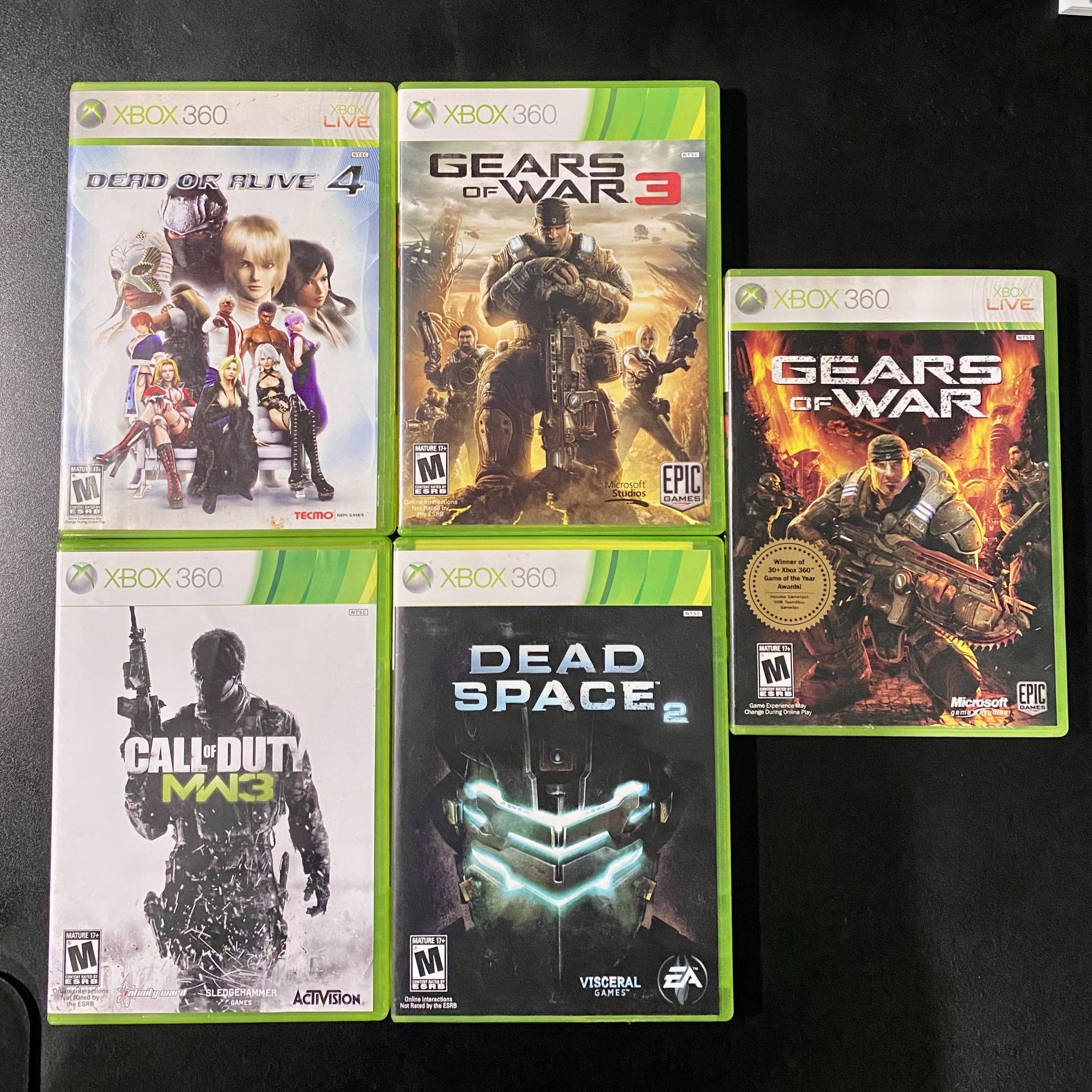 Lot Xbox 360 games ( gears of war , gears of war 3 , dead space 2 , dead or alive 4 , MW3 , )