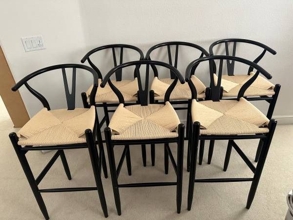 New Set of 6 Bar Height Barstools Black & Natural Stool Wood Stools