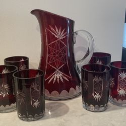 Czech Bohemian Ruby Red Cut to Clear Pitcher & Glasses(6)