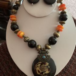 Gorgeous Vintage Set - Brass & Genuine Stone