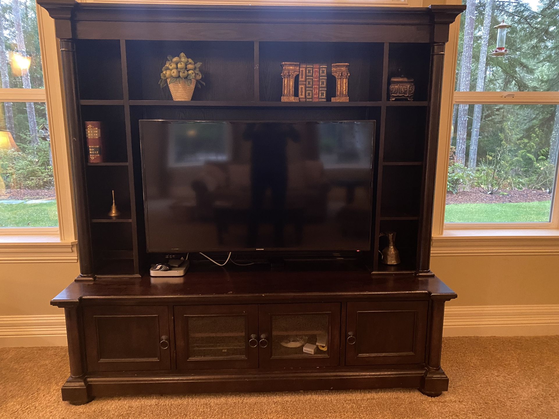 TV Consul with Hutch & Mount - TV/computer etc. not included, Dark brown (TV Stand 80”x24”x24”) (Hutch 80”x 14”x56”)