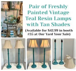 Pair of Freshly Painted Vintage Teal Resin Lamps with Tan Shades