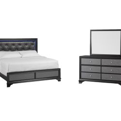 Gemma Black King Head Board, Foot Board, Dressor W Mirror, Brand New In Box! 