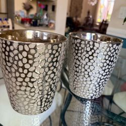 Two hammered silver ceramic planters 7” x 6”