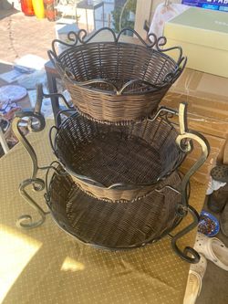 Wicker Three Tier Baskets /holder Metal and Wicker