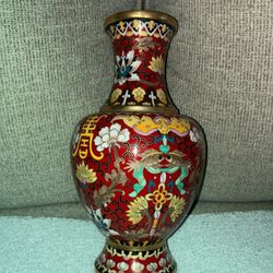 Vintage Chinese Vase Red Cloisonné
