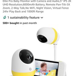 Ellie Pro Baby Monitor with Camera and Audio,5'' IPS 2K UHD Resolution,6000mAh Battery, Remote Pan-Tilt-5X Zoom, 2-Way Talk,No WiFi, Night Vision, Vir