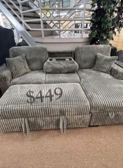 Stylish‼️2-Pc Light Gray Corduroy Sectional Sofa sleeper With Storage, Pullout Bed, & USB Port