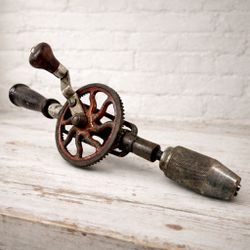 Antique Hand Crank Drill 14” Red Gear Wood Handles Heavy Duty Metal Chuck Tool