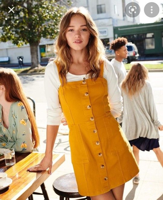 H&M Divided Mustard Yellow Denim Jumper Dress Size 6