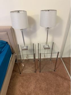 Glass Side Table for Bedroom, Living Room with Lamp