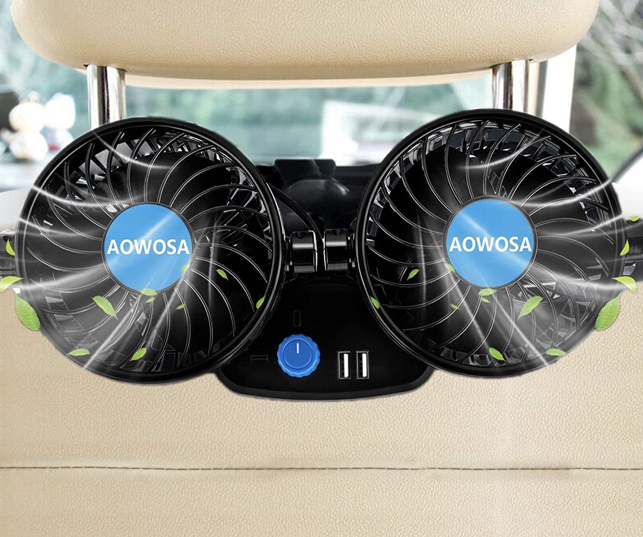 Car Fans 12V, Electric Cooling Rear Seat Headrest Vehicle Fan with Cigarette Lighter Plug 2 Speed 360 Degree Adjustable Dual Head Automobile Fan for T