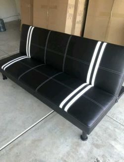 Brand New Black Striped Leather Tufted Futon