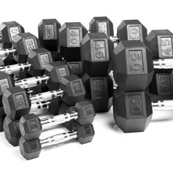 Brand New Rubber Hex Dumbbell Set 10-60 Pounds 