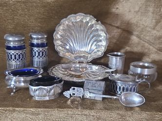 Vintage 10 piece mixture of silver, silverplate, cobalt blue glass, salt dips, relish dish, salt & pepper shakers, collector spoon, tea house. Nice co