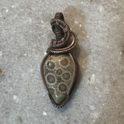 Unique Wire-Wrapped Heart Pendant with Fossilized Coral Stone