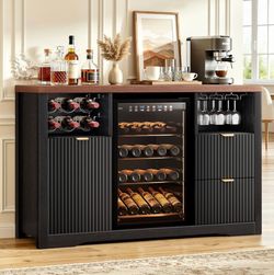 Coffee Bar Cabinet with Fridge Space, 53" L Wine Cabinets with Storage Drawer, Wood Buffet Sideboard Table, Fluted Liquor Cabinet with Wine Rack for H