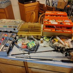 Fishing Gear And Two Rods Salt And Freshwater