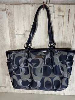 Coach Signature Jacquard Tote Shoulder Bag F18854 Navy Blue Gray Leather Trim