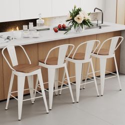 Swivel Bar Stools 24 inch Swivel Counter Height Metal Barstools Set of 4 Modern Farmhouse Bar Chairs with High Backs and Large Wooden Seat for Kitchen