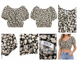 Medium SHEIN Women’s Black & Cream Floral Puff Sleeve Crop Top – Elastic Hem