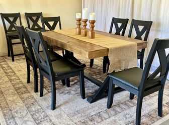 ❤️ Farmhouse table 8 chairs black brown dinning comedor farm style dinner dining set rustic trestle barstools