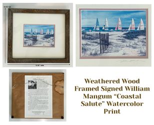 Weathered Wood Framed Signed William Mangum “Coastal Salute” Watercolor Print