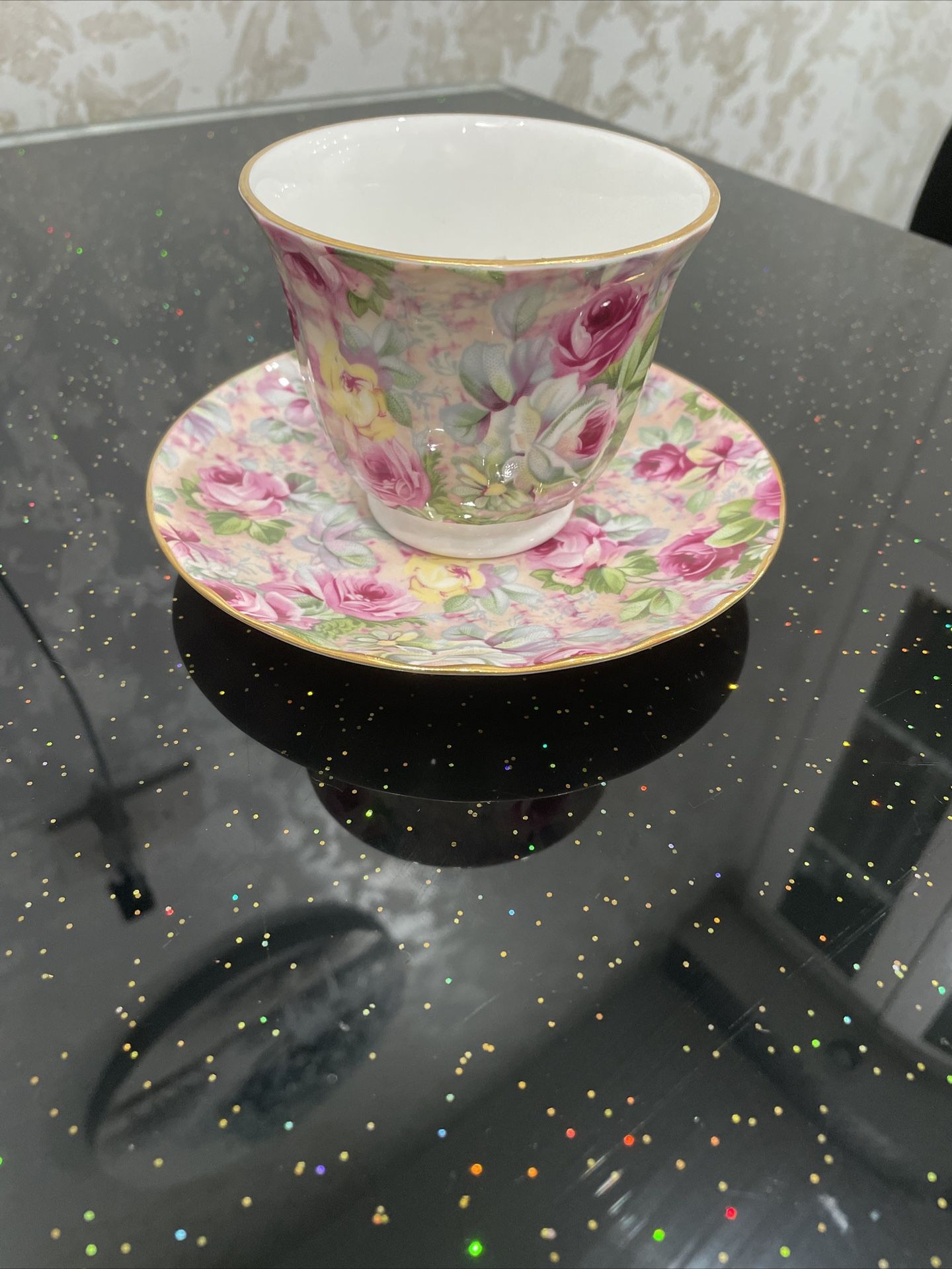 Vintage Crown Trent Floral Bone China Gold Trim Teacup/Saucer Made in England