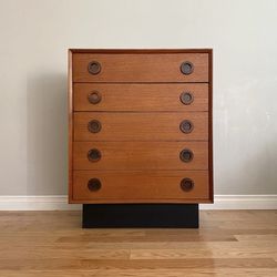 Vintage Mid-Century Teak Veneer Tallboy Dresser (5-Drawer)