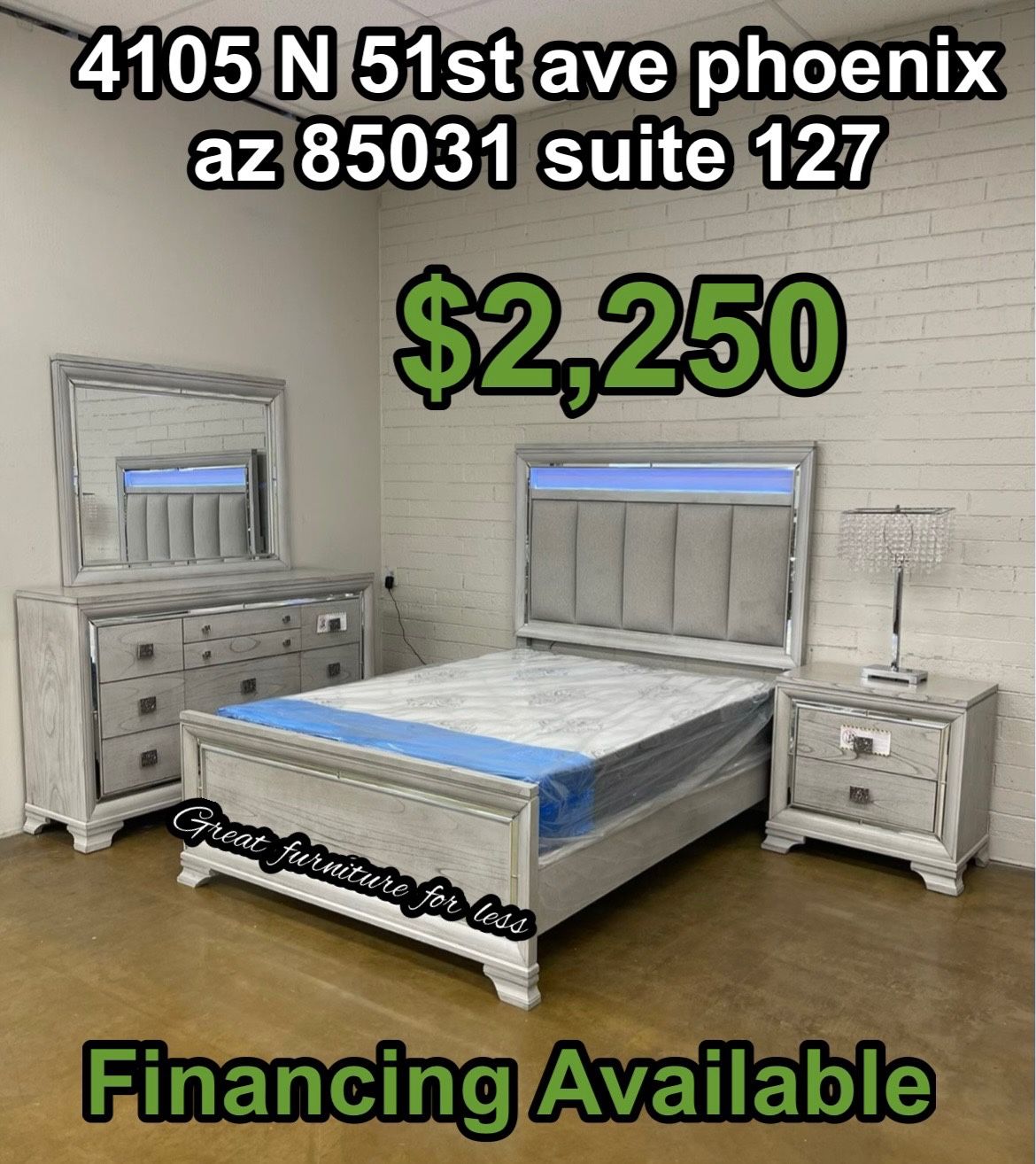Queen Size Led Bedroom Set Grey Include Bed Frame Dresser Mirror Nigstand Pillow Top Mattress And Boxspring Brand New