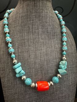 Turquoise Bead Necklace with Orange Accent - Women Jewelry